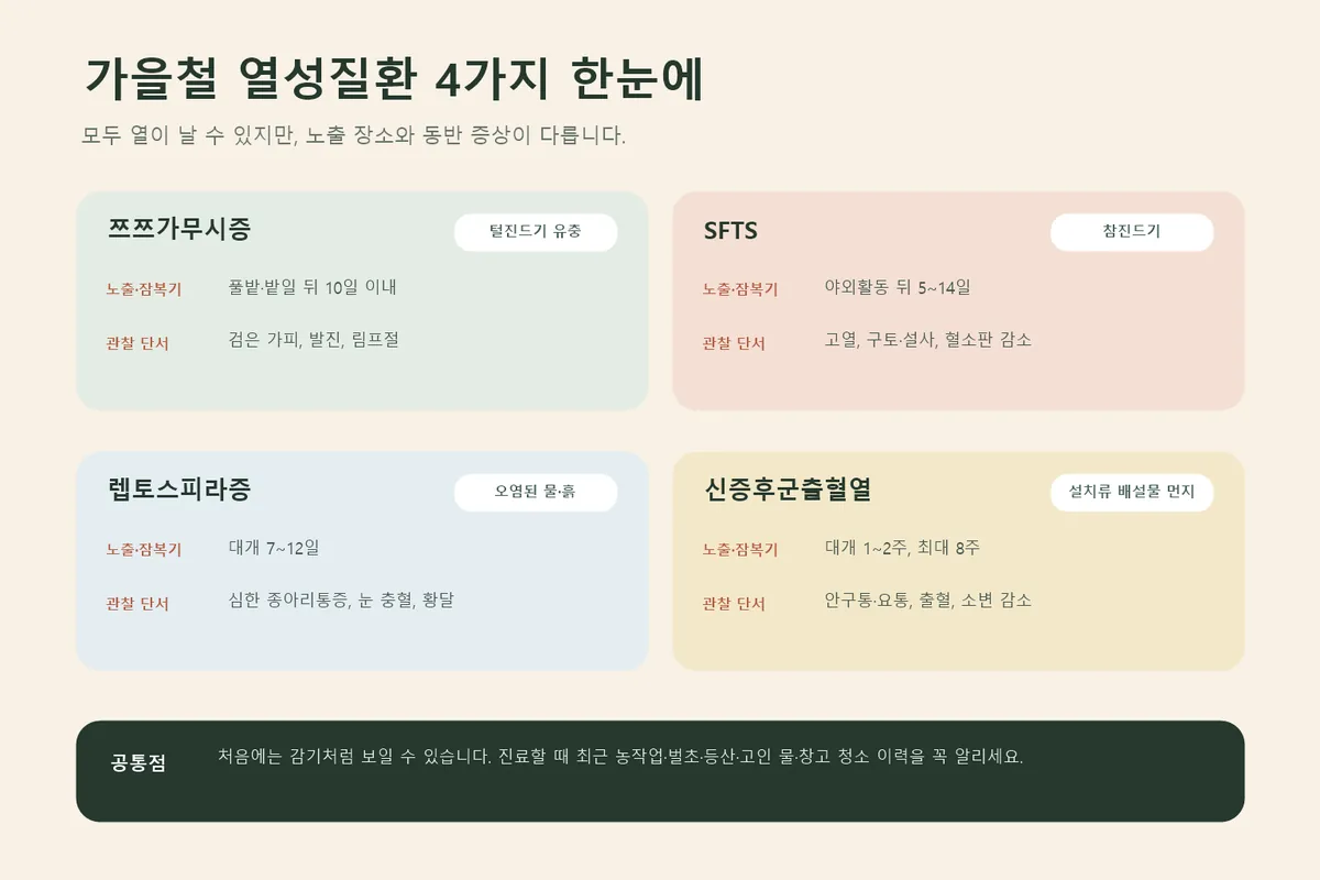 쯔쯔가무시증·SFTS·렙토스피라증·신증후군출혈열 비교 인포그래픽