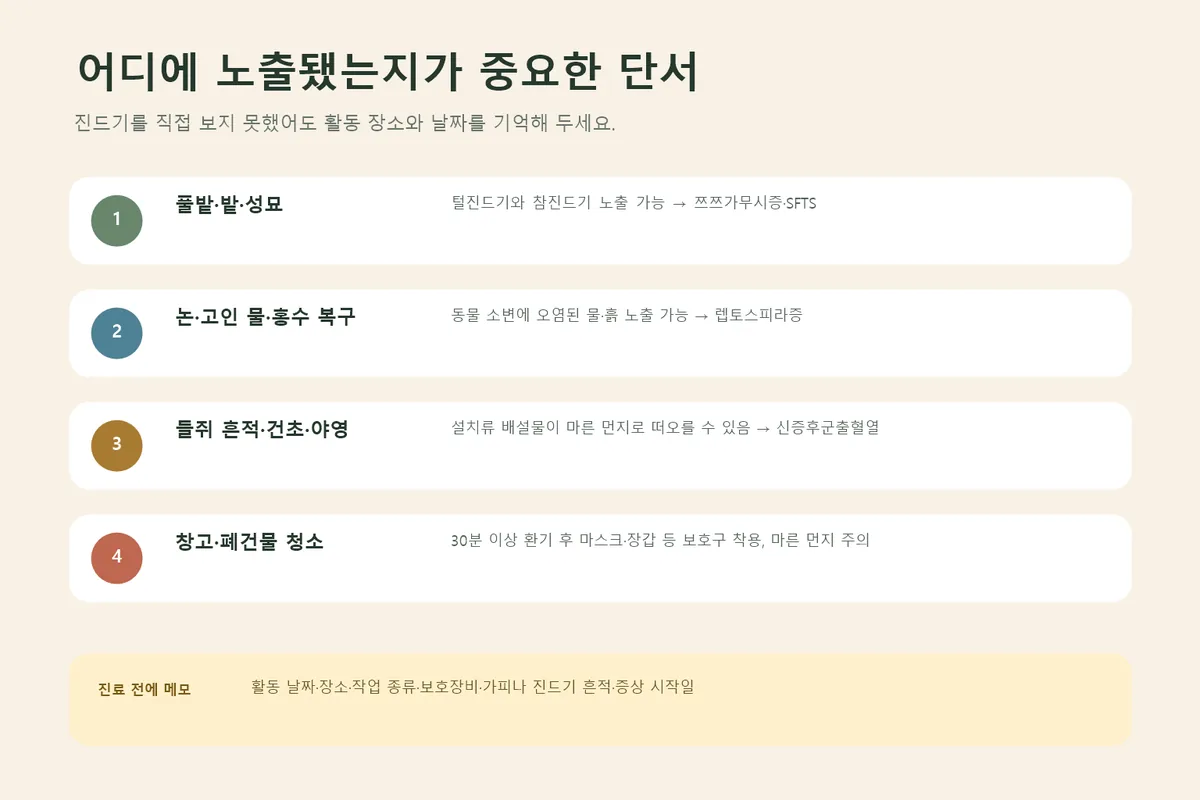 야외활동 장소에 따른 가을철 열성질환 노출 단서 인포그래픽