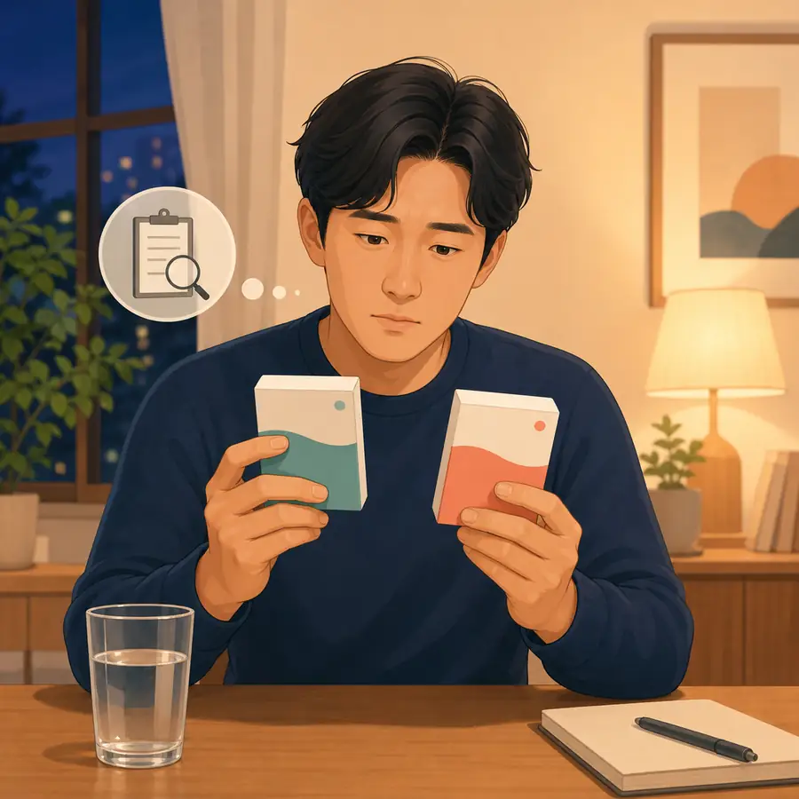 두 감기약 포장의 성분을 비교하는 성인 일러스트
