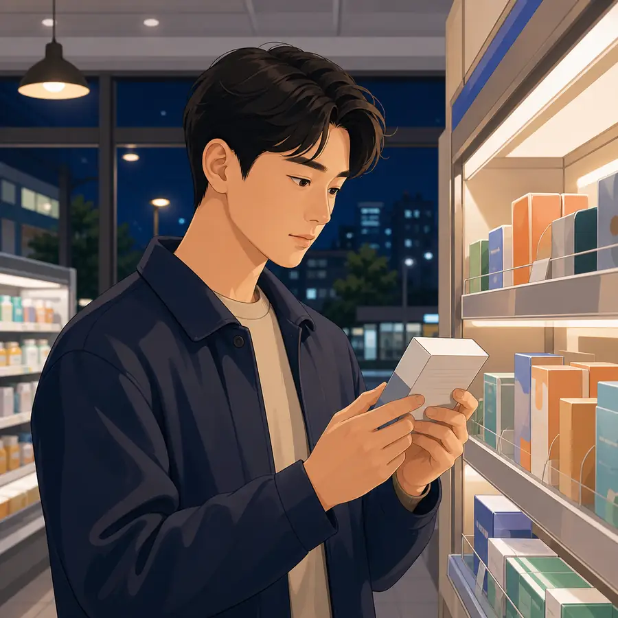 야간 편의점에서 일반의약품 포장의 설명을 확인하는 성인 일러스트