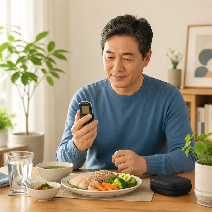 성인이 집에서 혈당을 확인하고 균형 잡힌 식사를 준비하는 일러스트