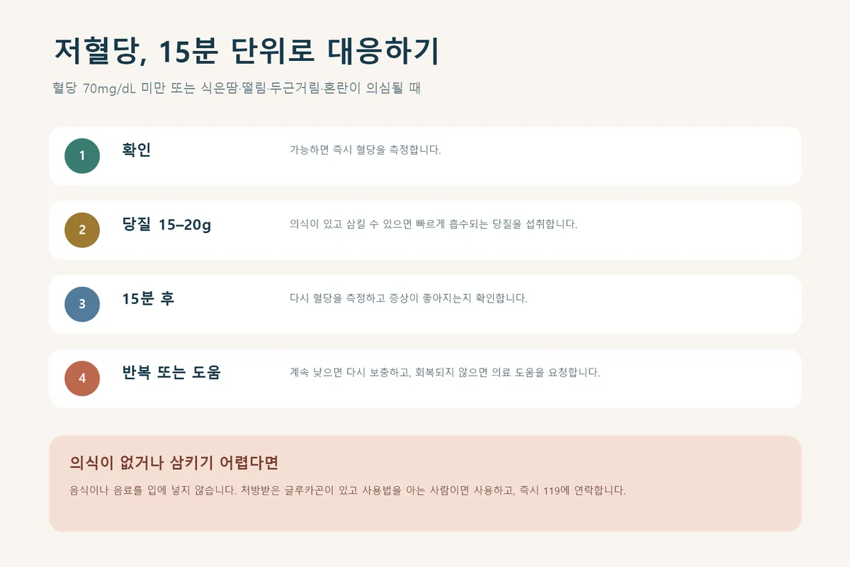 저혈당 발생 시 15분 단위 대처법 인포그래픽