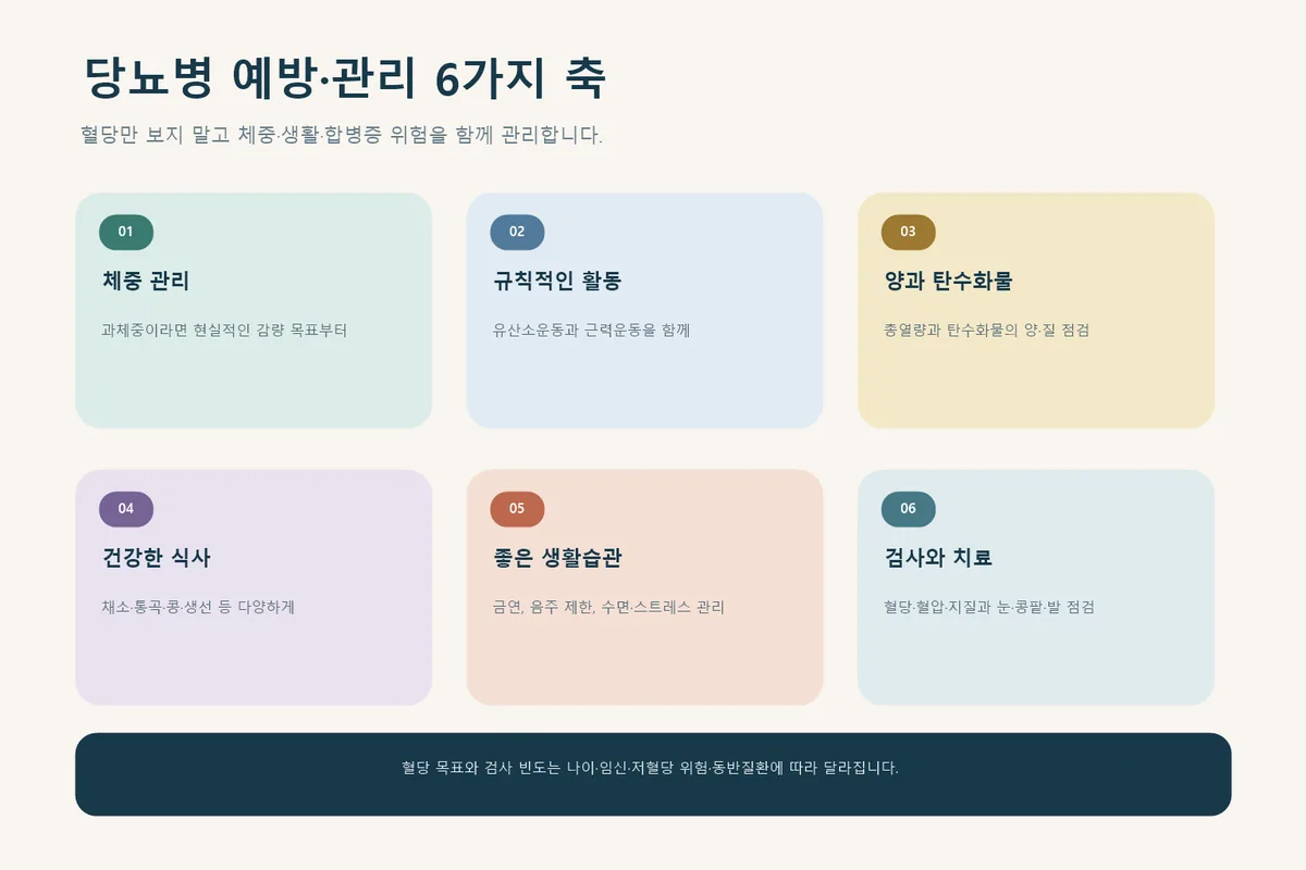 당뇨병 예방과 관리의 여섯 가지 축 인포그래픽
