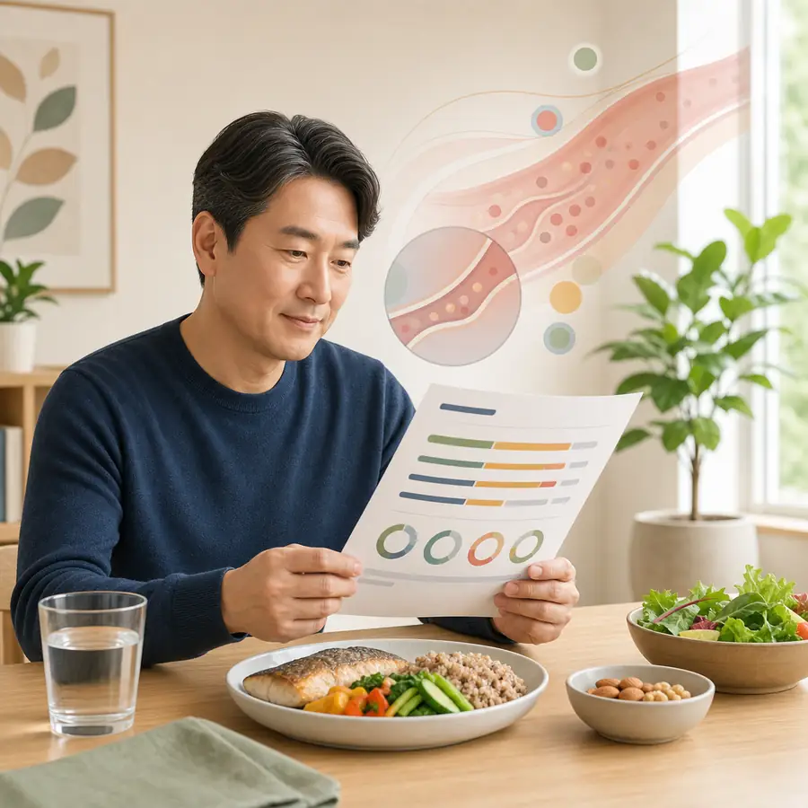 성인이 집에서 혈중 지질검사 결과를 살펴보는 일러스트