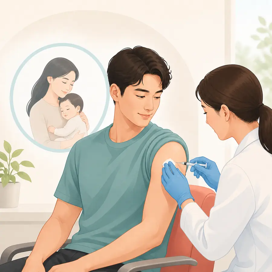 성인이 백일해 예방접종을 받으며 영아 보호를 상징하는 일러스트