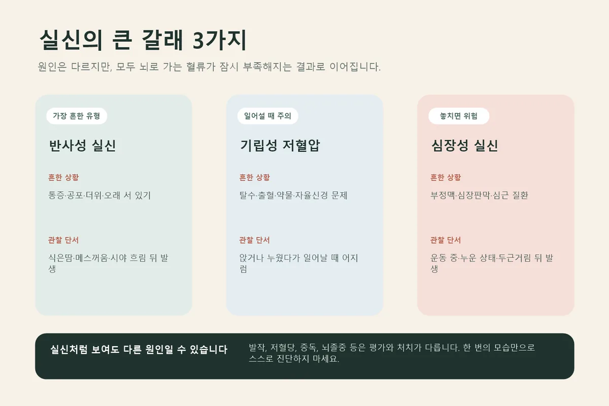 반사성 실신·기립성 저혈압·심장성 실신 비교 인포그래픽