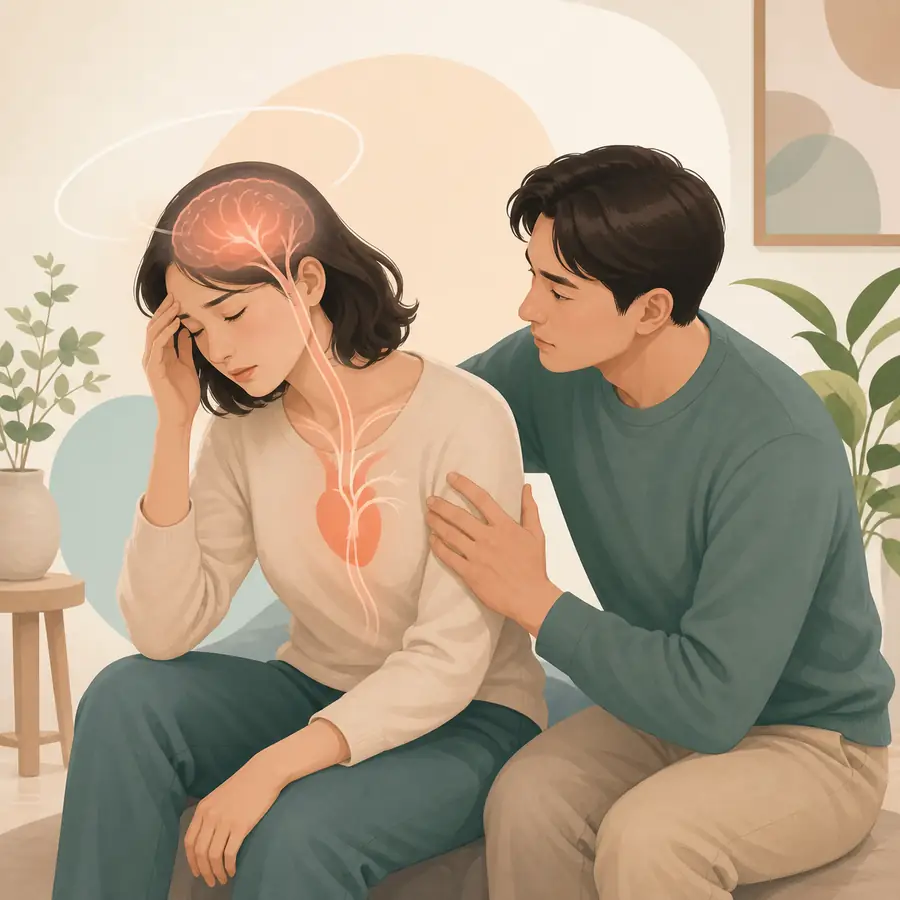 실신 전조를 느껴 안전하게 앉고 도움을 받는 사람을 표현한 일러스트