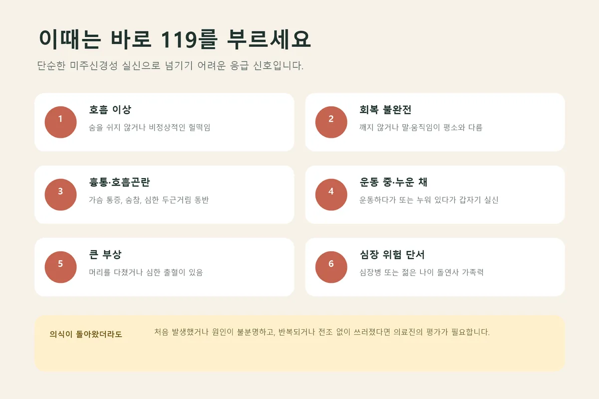 바로 119를 불러야 할 실신 응급 신호 인포그래픽